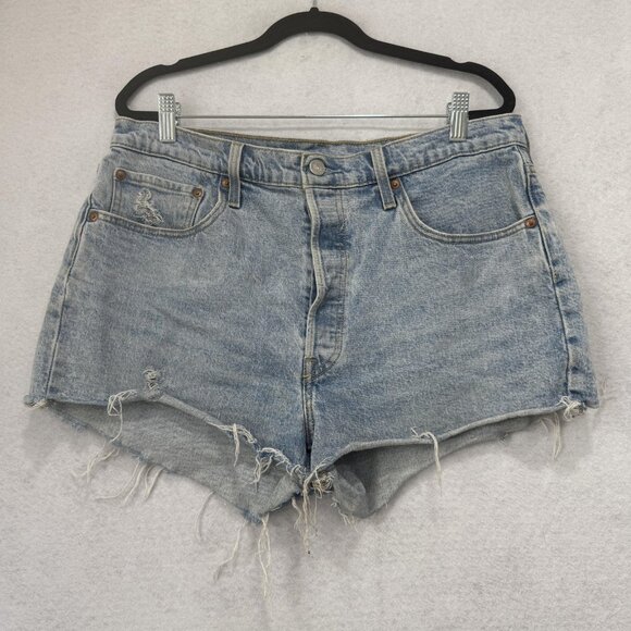 Levis 501 Shorts Womens 32 Blue High Rise Distressed Denim Cut Off Raw Hem - Picture 1 of 9